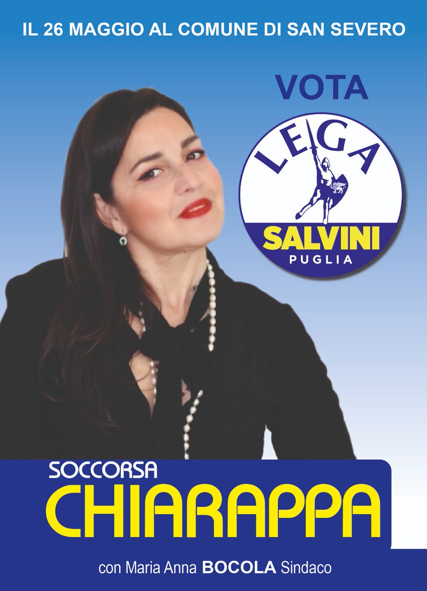 SoccorsaChiara's tweet photo. #ElezioniAmministrative #IOVOTO #CHIARAPPA #Salvini #LegaSalvini #Lega #26maggio #SanSevero #Puglia #ConsigliereComunale https://t.co/Lhn2oRukCM