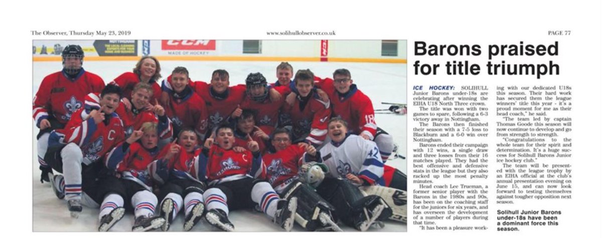 Well done @sbjihc u18 team. Making the local newspaper, <a href="/solihullobserve/">Solihull Observer</a> Big achievement winning their league. Proud of them all. Especially proud of Harrison, my goalie son. He is all ready for @bownsy21 goalie camp next week. <a href="/PuckStopUK/">Puckstop.com</a>