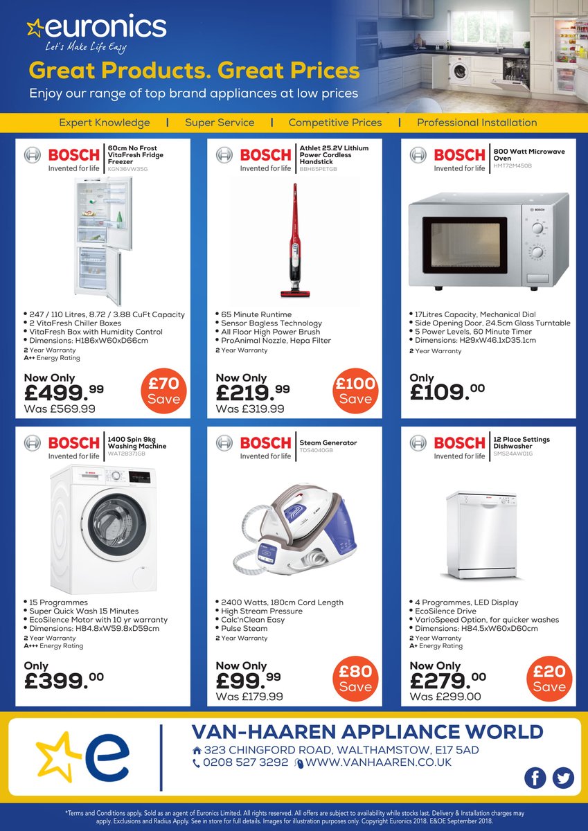 vanhaarenltd's tweet photo. Some Great prices on Bosch products available with Free local delivery!

#freedelivery #washingmachine #dishwasher #fridgefreezer #vanhaaren #euronics #walthamstow #chingford #woodford #loughton https://t.co/XfqkcwYiNb
