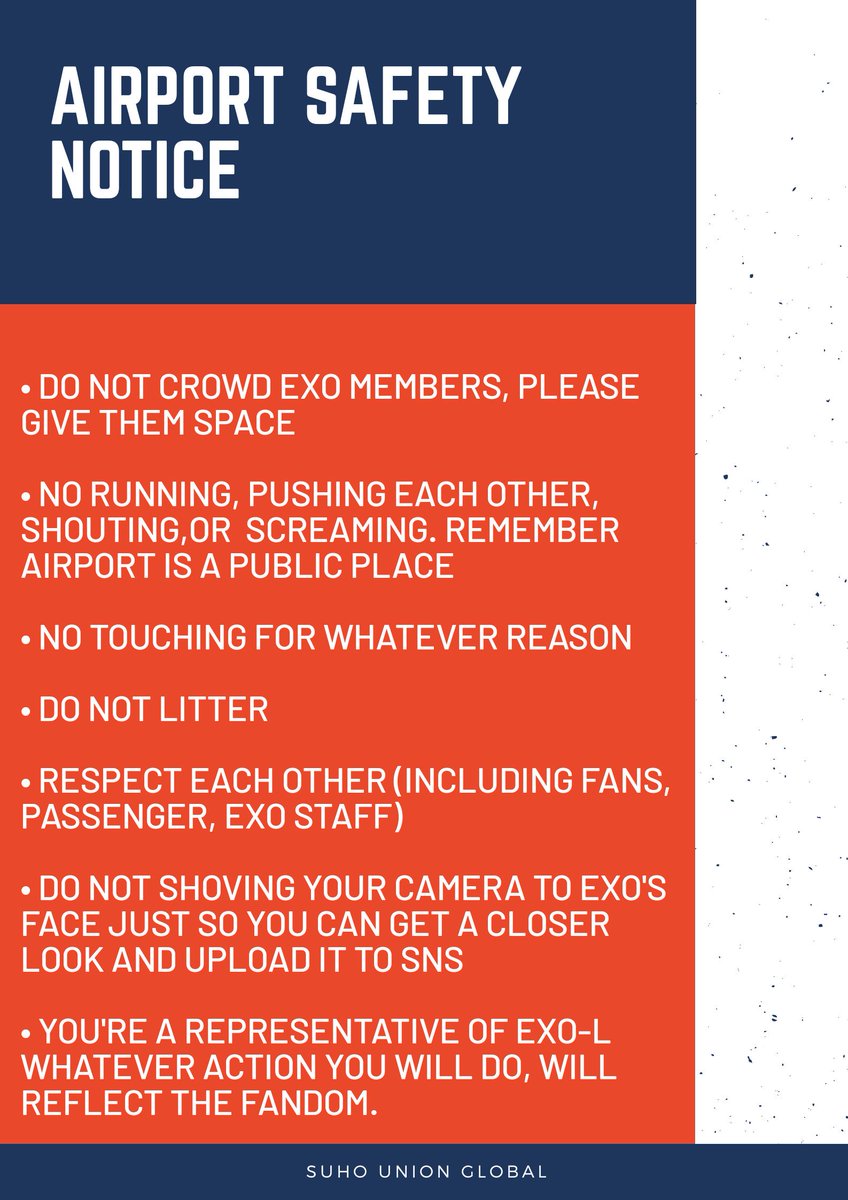 suhounionglobal's tweet photo. [IMPORTANT] - AIRPORT SAFETY NOTICE

For all EXO-L

EXO will be arriving at Soekarno-Hatta International Airport (CGK). for all fans that will be there at the airport or at any other location 

PLEASE READ the following notice: 

#EXO #SUHO #CHEN #KAI @weareoneEXO https://t.co/4ovcrahEhL