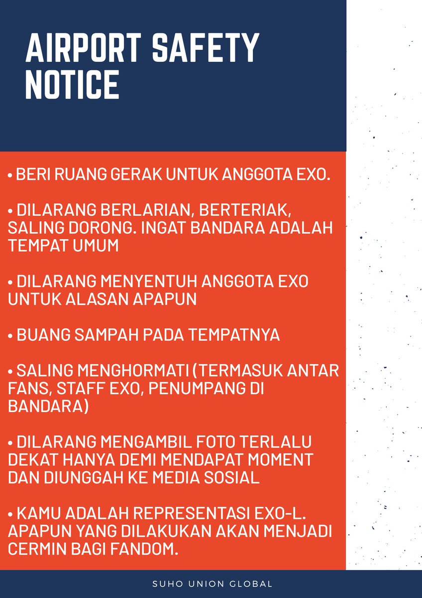 suhounionglobal's tweet photo. [PENTING] INFORMASI KESELAMATAN DI BANDARA 

Untuk seluruh EXO-L

EXO akan tiba di Bandara Internasional Soekarno-Hatta (CGK). Bagi fans yang akan datang ke bandara atau tempat lainnya, harap membaca informasi penting berikur ini: 

#SUHO #CHEN #KAI #EXO @weareoneEXO https://t.co/gVFz4HkIVR