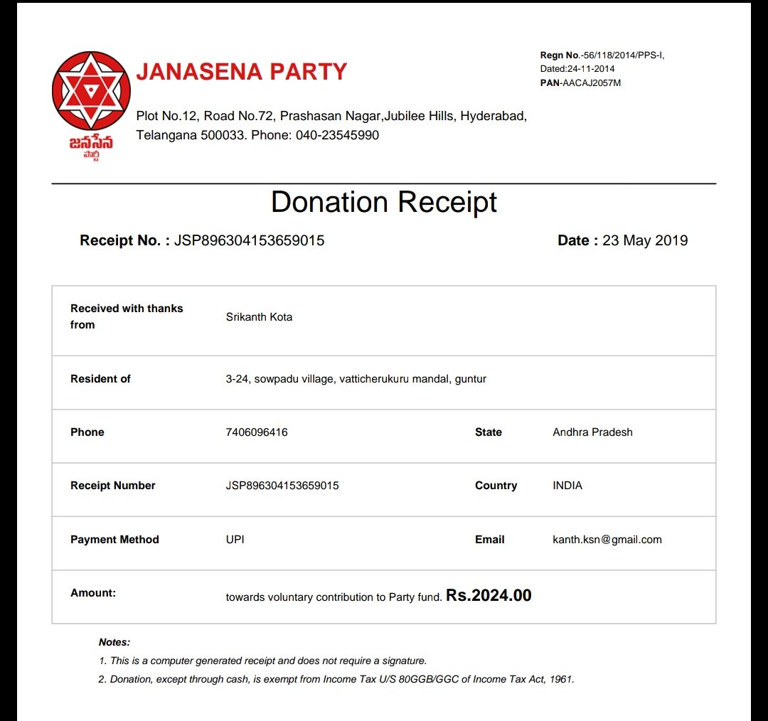 itssreenaidu's tweet photo. Started to donate 2024/- every month up to 2024 for our future..
Grateful thought comes from a massive failure.
#Donate_JSP
#Janasena
#Target_2024 https://t.co/KtLhQ1Hxhv