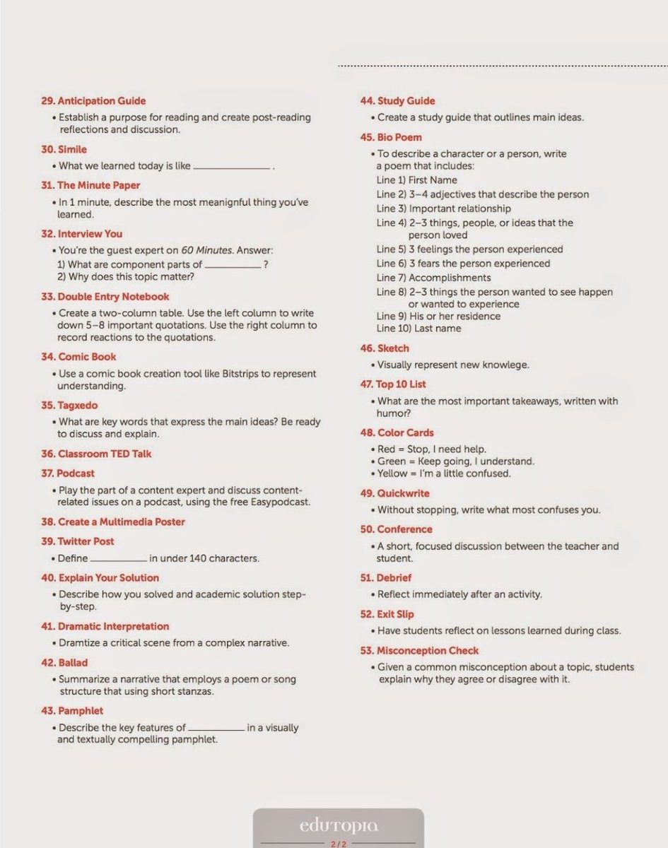 ImpactWales's tweet image. Look at this 👀👇 from @edutopia 53 Ways to Check for Understanding 👍👍
A great list of formative assessment strategies.