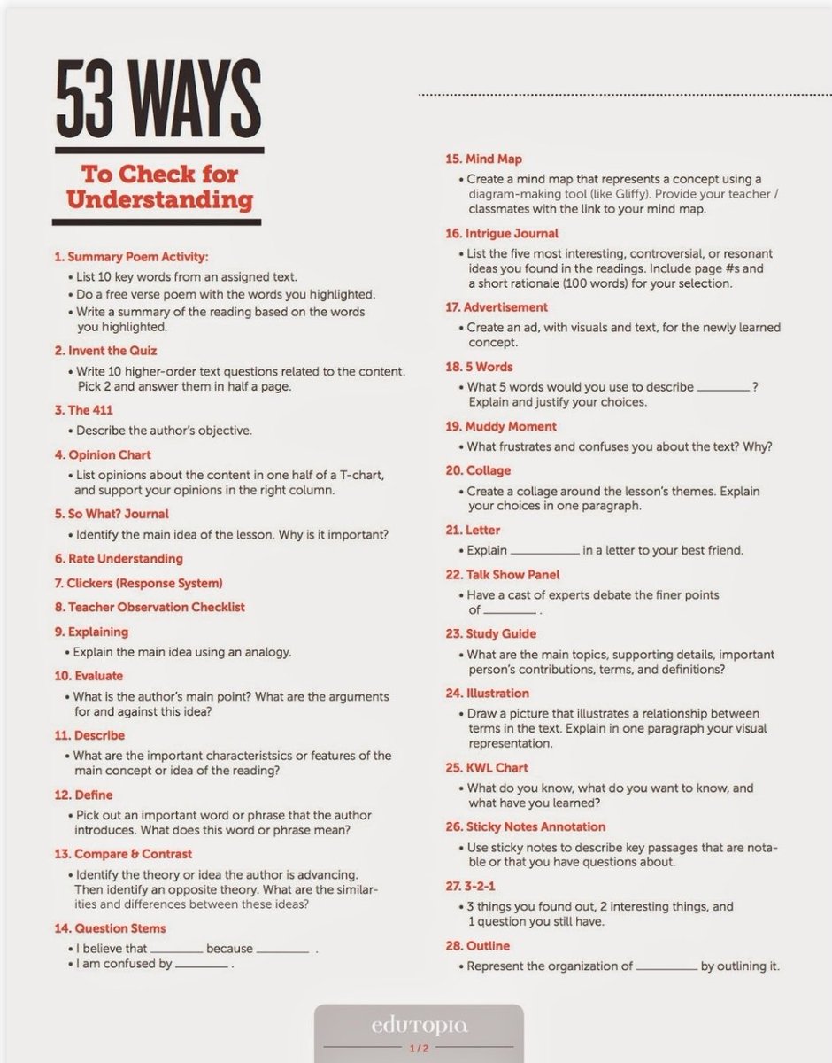ImpactWales's tweet image. Look at this 👀👇 from @edutopia 53 Ways to Check for Understanding 👍👍
A great list of formative assessment strategies.