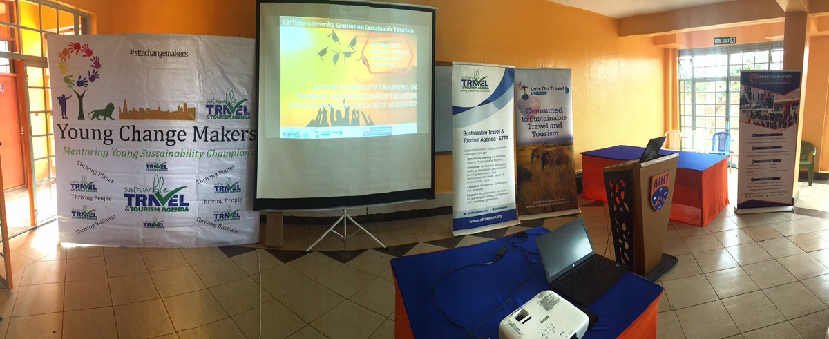 <a href="/STTAKenya/">Sustainable Travel & Tourism Africa-Consulting</a> <a href="/AIHTKenya/">Amboseli Institute 🇰🇪</a> <a href="/GonaJudy/">Judy Kepher Gona #sttaconsulting</a> <a href="/MurugiJ/">Angela Murugi Njehia</a> <a href="/odhiamboatieno/">atieno odhiambo</a> <a href="/LetsGoTravelKE/">Lets Go Travel</a> <a href="/GTSAfrica/">Africa Sustainable Tourism Institute</a> Good morning from <a href="/AIHTKenya/">Amboseli Institute 🇰🇪</a> Thika, Kenya. Setting up for the 23rd #sttachangemakers inter-university seminar, lets talk education, training and capacity building for sustainability in tourism development  in Kenya. Are realignments needed?