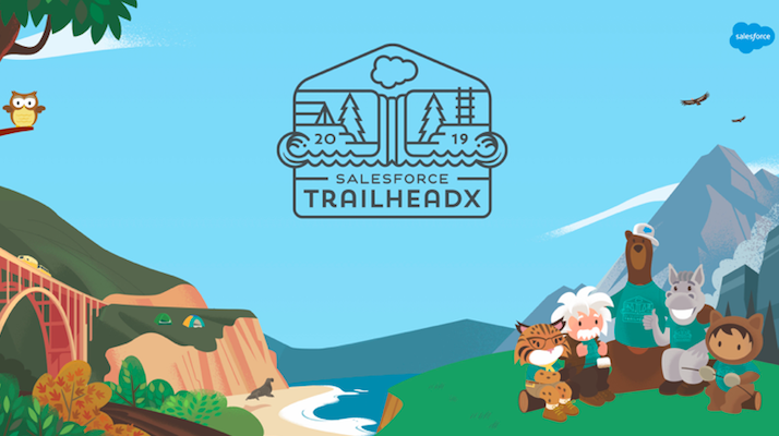 Image of Trailhead characters on a hill with the TrailheaDX logo floating in the sky. 