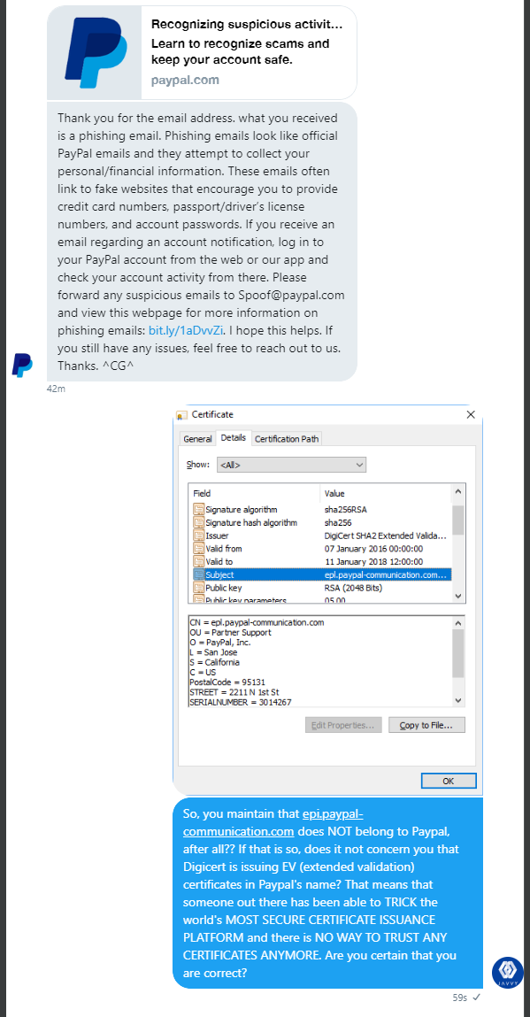 BOYCOTT_ELITE's tweet photo. Hello @digicert @geotrust @symantec. Could you all answer @PayPal's @AskPayPal claim that @digicert issued fake certs to fraudsters?! This is very disturbing. Is Javvy due a refund for our $1,495 EV cert?  #areEVcertsWorthless https://t.co/LzjBzn7dDi