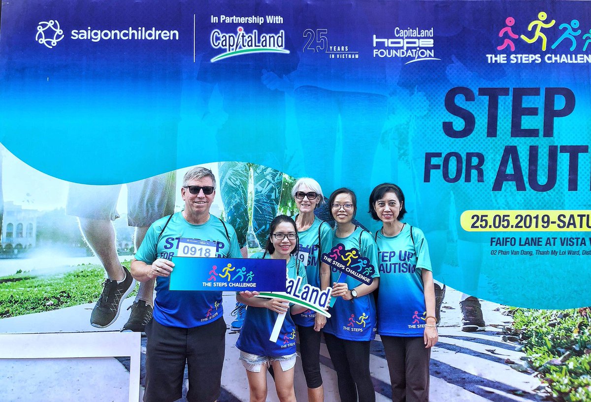 UKinVietnam's tweet photo. British Consulare-General team in HCMC @iangibbonsr participated in The Steps Challenge 2019 event, orgnanised by @saigonchildren in conjunction with @CapitaLand to raise awareness of #autism and to help bring special education to children with autism in Vietnam. #stepupforautism https://t.co/Q2aiBKwmnl