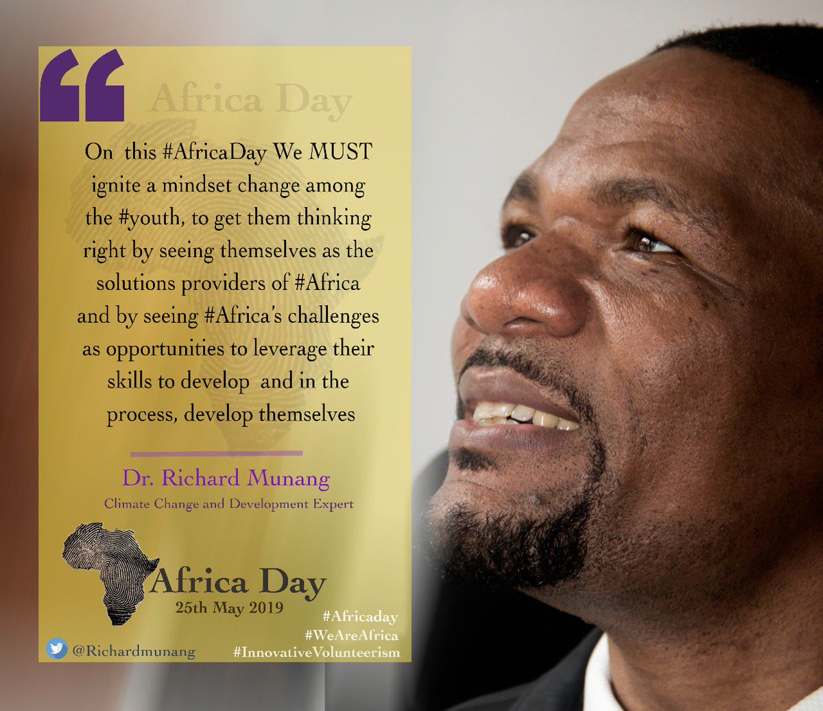 RichardMunang's tweet photo. Dear #Youth. Did you know that Your greatest ability is your  availability? avail your skills and know that 80%of success is showing up. Excuses and complaining is not a strategy for anything. #youthfulness is ideas not necessarily age #InnovativeVolunteerism Happy #AfricaDay2019 https://t.co/KMCdMZg65z