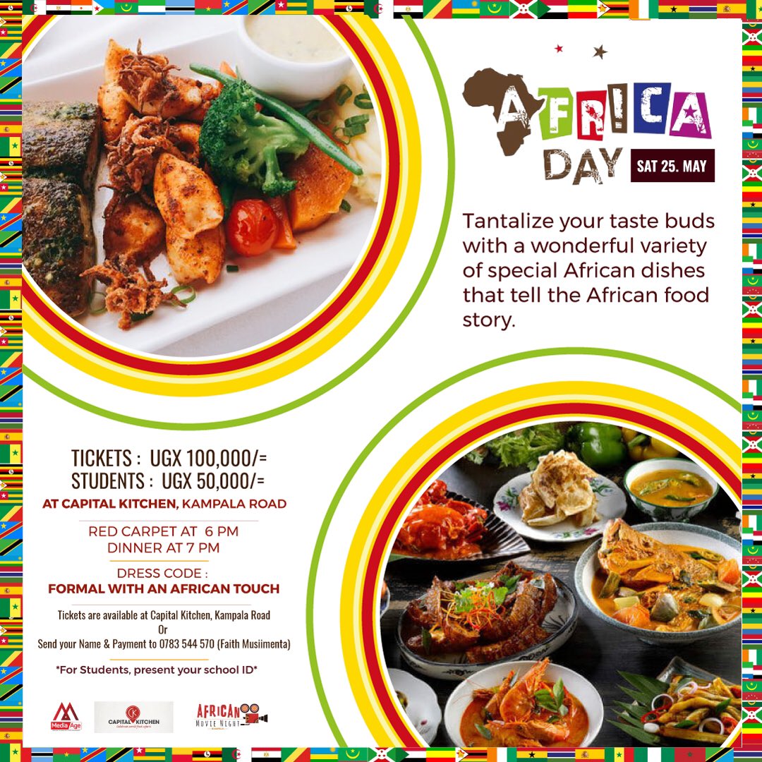 serugo's tweet photo. #AfricaDay 50m African buffet, formal dress code with a touch of Africa, live band and DJ set with a playlist from all 54 African countries. TODAY at #CapitalKitchen - Thobani Centre. 6pm. 100K (50K for students with IDs). Tickets at the door. Iftar for Muslim guests. https://t.co/h0w1QVkjxE