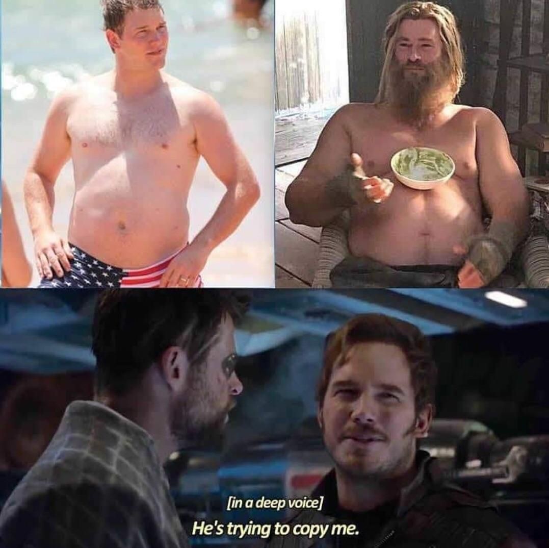 Are you mocking me? #AvengersEndgame 
<a href="/chrishemsworth/">Chris Hemsworth</a> <a href="/prattprattpratt/">Chris Pratt</a>