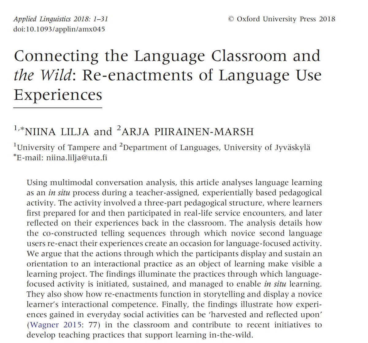 icopl2's tweet photo. #ReadBeforeYouMeet! #8 From our workshop facilitator @niinalilja & panel presenter A. Piirainen-Marsh: Connecting the #language #classroom & the Wild https://t.co/iyngIxeBN9 #ICOPL2 #CA #EMCA #SLA https://t.co/k8Grsv89ya