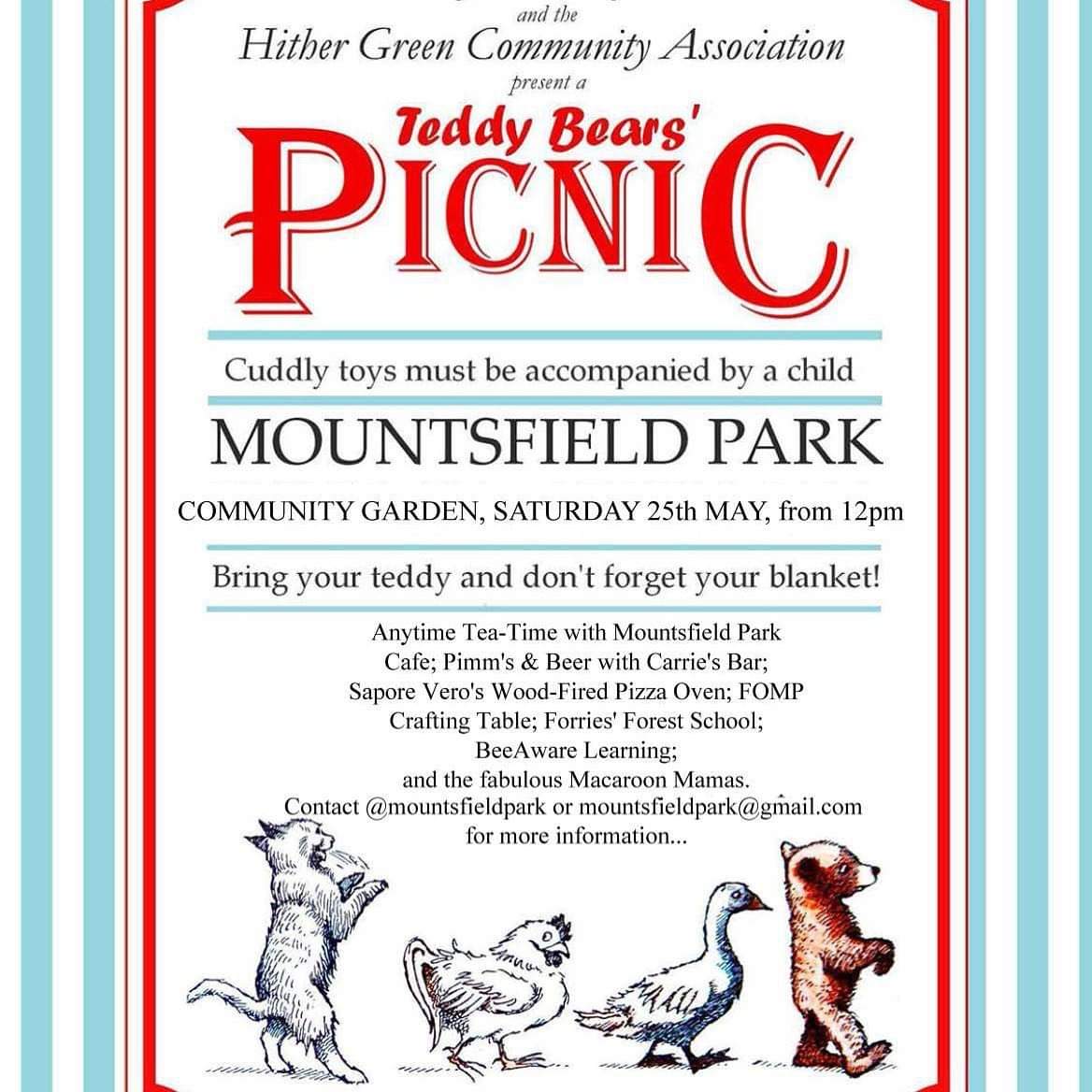 HG_festival's tweet photo. Hither Green Festival: The Teddy Bear's Picnic, this afternoon at from 12pm at  Mountsfield Park.
Bears and children will find lots of treats: 
@MandFCafeLDN for cakes &amp; drinks
@SVonTheRoad for pizza
Danielle's art table
Carrie's Bar - beer and Pimm's
Alan's bees and hives. https://t.co/iKA3MiFF5H