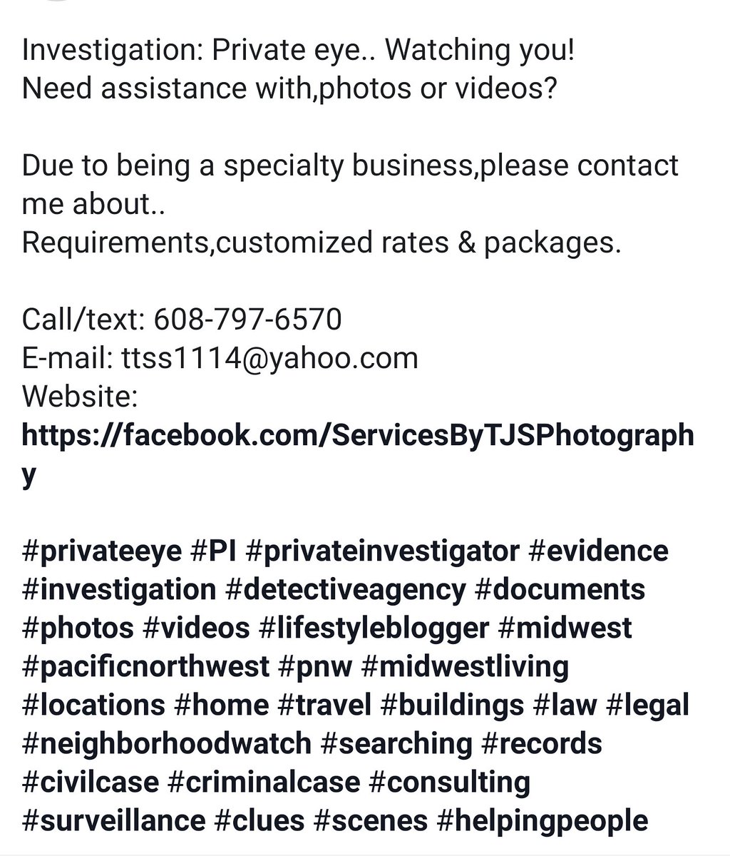 #Investigation: #Privateeye.. Watching you! Details.⤵️

#privateinvestigator #evidence #detectiveagency #document
#photos #video #pnw #midwest #location #law #legal #neighborhoodwatch #search #record #civilcase #criminalcase #consulting #surveillance #clues #scenes #helpingpeople
