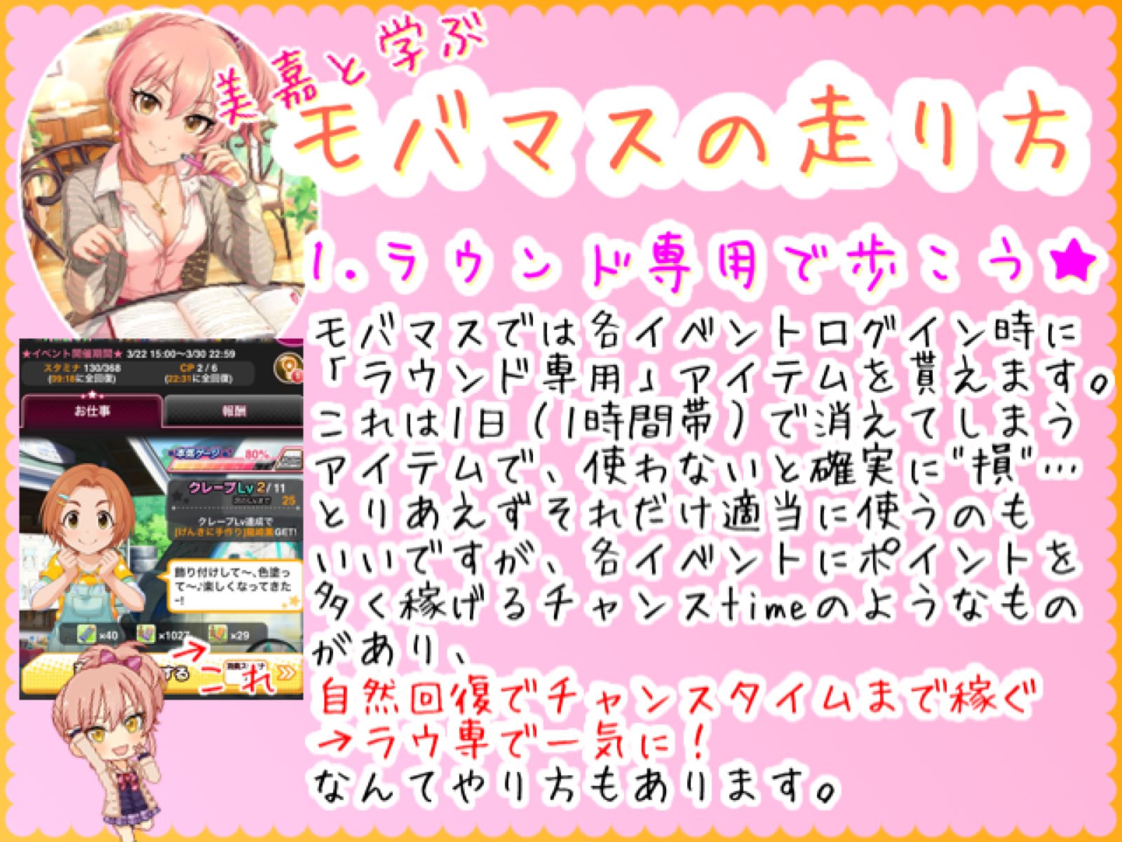 錦 第10回もがんばり隊 モバマスの走り方 というより遊び方です 新たにモバマスを始めた人 よければ参考にしてみてください 総選挙の場合は4枚目の3 が票回収になるだけです 楽しいよモバゲー版アイドルマスターシンデレラガールズ