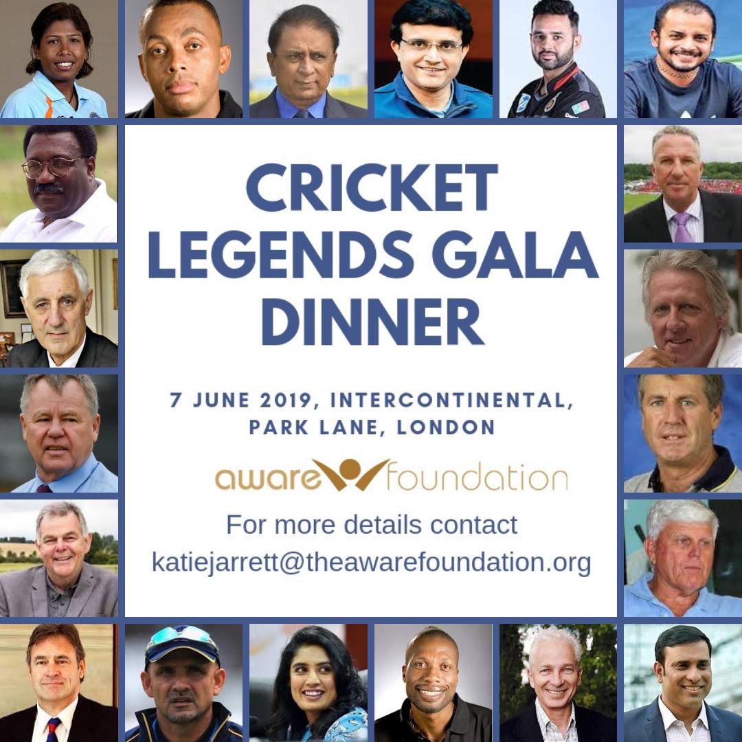 Not long now until the <a href="/theawarefound/">The AWARE Foundation</a> Cricket Gala. Can’t believe all these legends of the game are showing their support - are you? <a href="/ambrose_curtly/">Sir Curtly Ambrose</a> <a href="/walshcee/">Courtney Walsh</a> <a href="/SGanguly99/">Sourav Ganguly</a> <a href="/parthiv9/">parthiv patel</a> <a href="/kartikmurali/">Kartik Murali</a> <a href="/VVSLaxman281/">VVS Laxman</a> to mention a few.