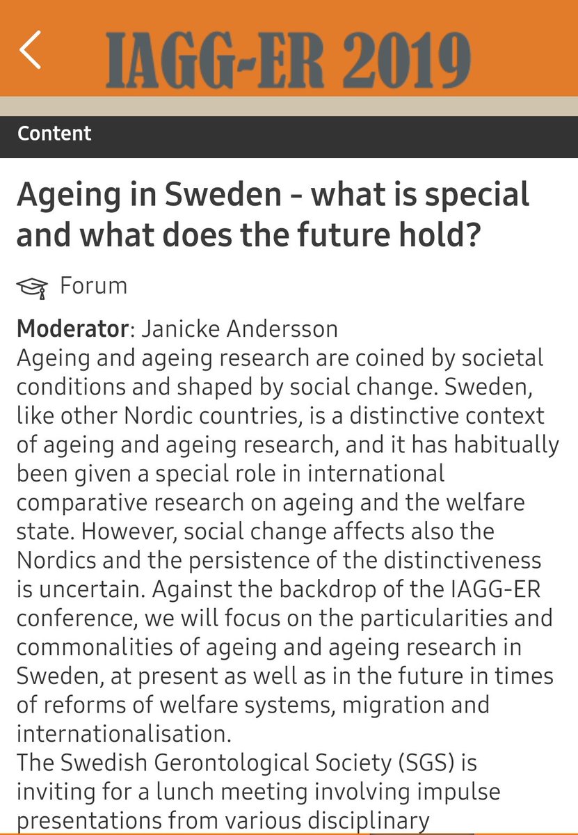 Don't miss the forum on "Ageing in Sweden" organised by the Swedish Gerontological Society #SGS in room R2 at 11:50 - hope to see many of you there! <a href="/iagger2019/">IAGG-ER 2019</a> #IAGG2019 #iagger2019 <a href="/liu_universitet/">Linköpings universitet</a> #ageingresearch #gerotwitter <a href="/motelklingebiel/">Andreas Motel-Klingebiel</a> @SusanneIwarsson