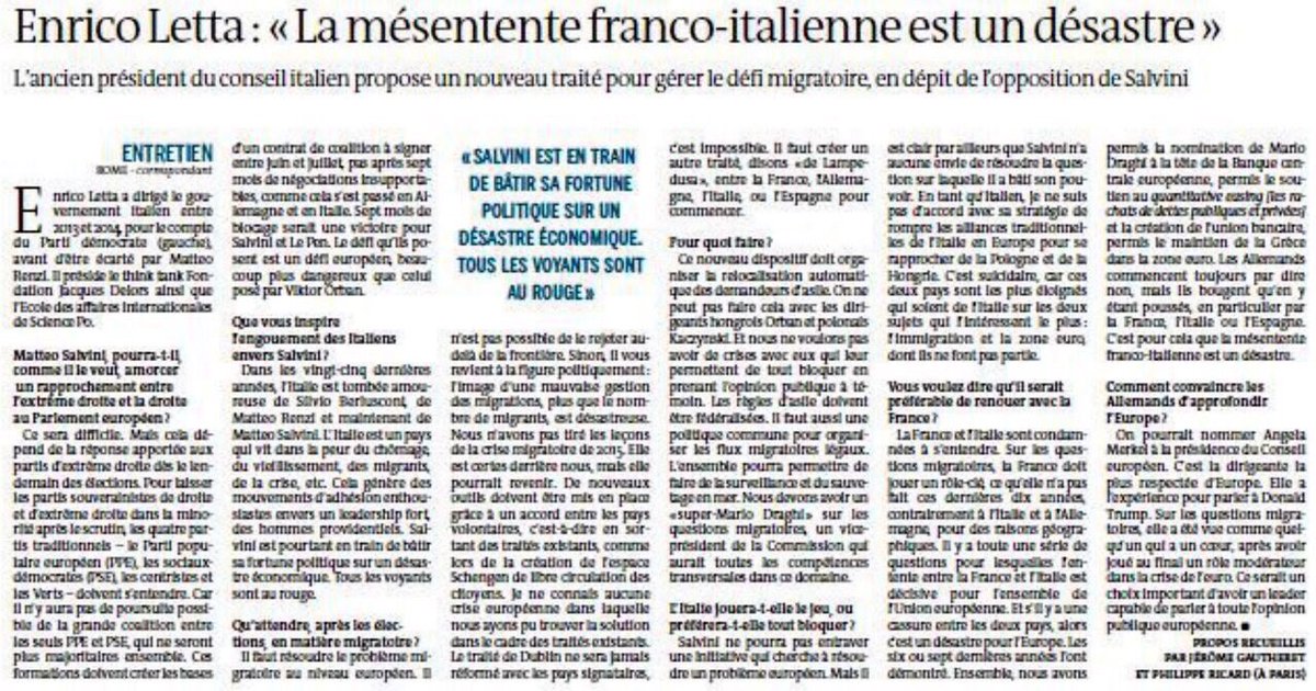EnricoLetta's tweet image. Con i veti ungherese e polacco (gli amici di #Salvini..) l’UE è bloccata su #migrazioni. E noi continuiamo a subire. L’unica è fare un nuovo Trattato (invece di Dublino andrebbe firmato a Lampedusa) non con tutti ma con chi vuole cooperare. Lo dico a ⁦@lemondefr⁩ #soluzioni