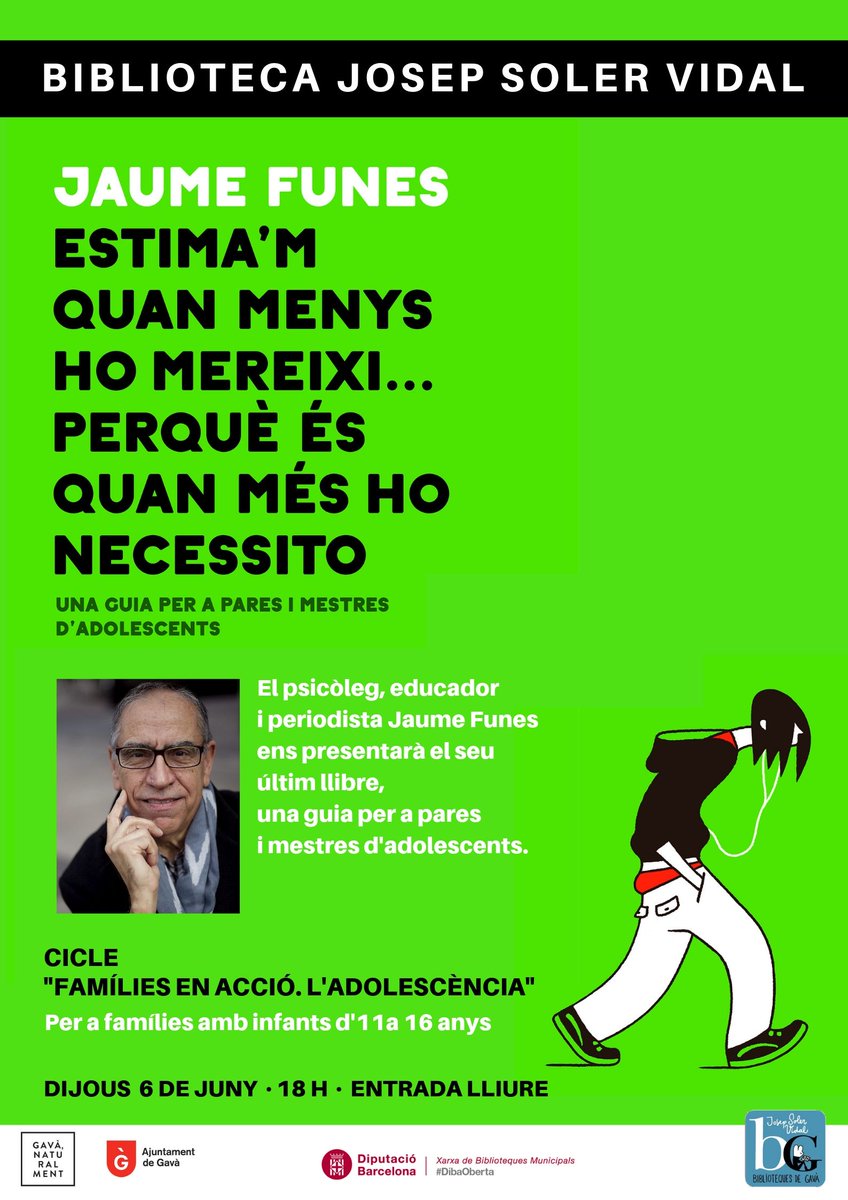 bgavajsv's tweet photo. "Estima'm quan menys ho mereixi... perquè és quan més ho necessito". Demà, en Jaume Funes, fa la #presentació d'aquesta guia per a pares i mestres d'adolescents dins del cicle "Famílies en acció".
📅 Dijous 6/6
⏰ 18h
📍 Sala d'actes #bjsv
#quefemalesbiblios  #xbm https://t.co/yPV4WMa0Pm