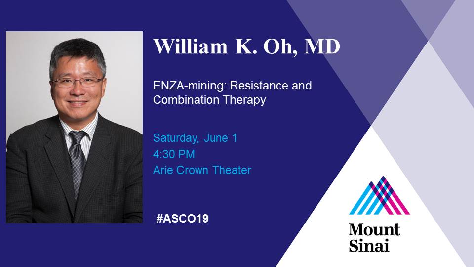 IcahnMountSinai's tweet photo. Attention Day 2 #ASCO19 Attendees: Join Dr. William K. Oh, Deputy Director of @TischCancer, as he shares his oral abstract on "ENZA-mining: #Resistance and Combination #Therapy," today, June 1 at 4:30pm CDT in Arie Crown Theater. #ASCO19 https://t.co/dwdtjgKioM