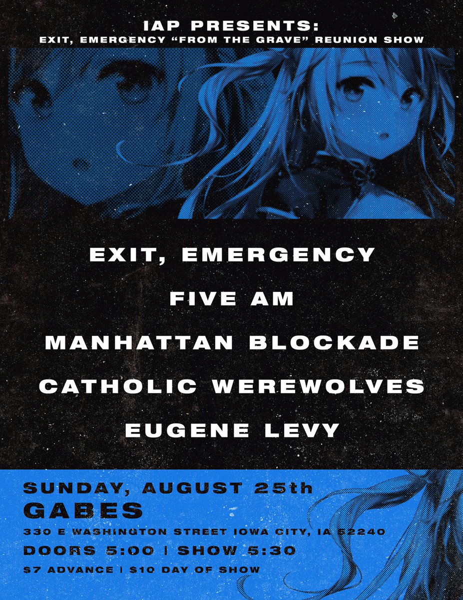 Exit, Emergency (@exitemergencyia) on Twitter photo We’re back for one night and one night only in 2019 w/ our loves at <a href="/gabesic/">Gabe's</a> 🍻🖤
<a href="/FiveAMIL/">Five AM 🌸 LOST CAUSE | OUT NOW🌸</a>
<a href="/ManhattanBlock/">Manhattan Blockade</a>
@cathlicwerwolvs
<a href="/EugeneLevyBand/">Eugene Levy</a> We’re back for one night and one night only in 2019 w/ our loves at <a href="/gabesic/">Gabe's</a> 🍻🖤
<a href="/FiveAMIL/">Five AM 🌸 LOST CAUSE | OUT NOW🌸</a>
<a href="/ManhattanBlock/">Manhattan Blockade</a>
@cathlicwerwolvs
<a href="/EugeneLevyBand/">Eugene Levy</a>