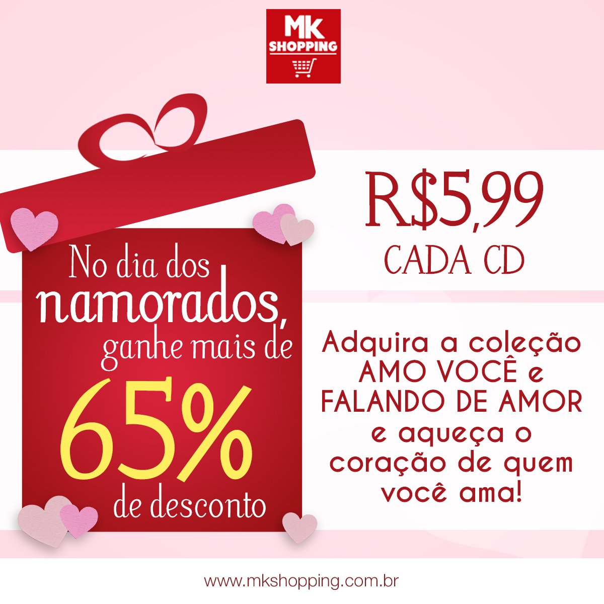 #DiadosNamorados está chegando e o #MKShopping está c/ uma superpromoção p/ presentear seu amor c/ as coleções AMO VOCÊ e FALANDO DE AMOR, c/ 65% de desconto em qualquer um dos CDs da coletânea. Acesse a Loja Virtual e escolha seu álbum preferido.
➡ gospel.mk/colecoesnamora…