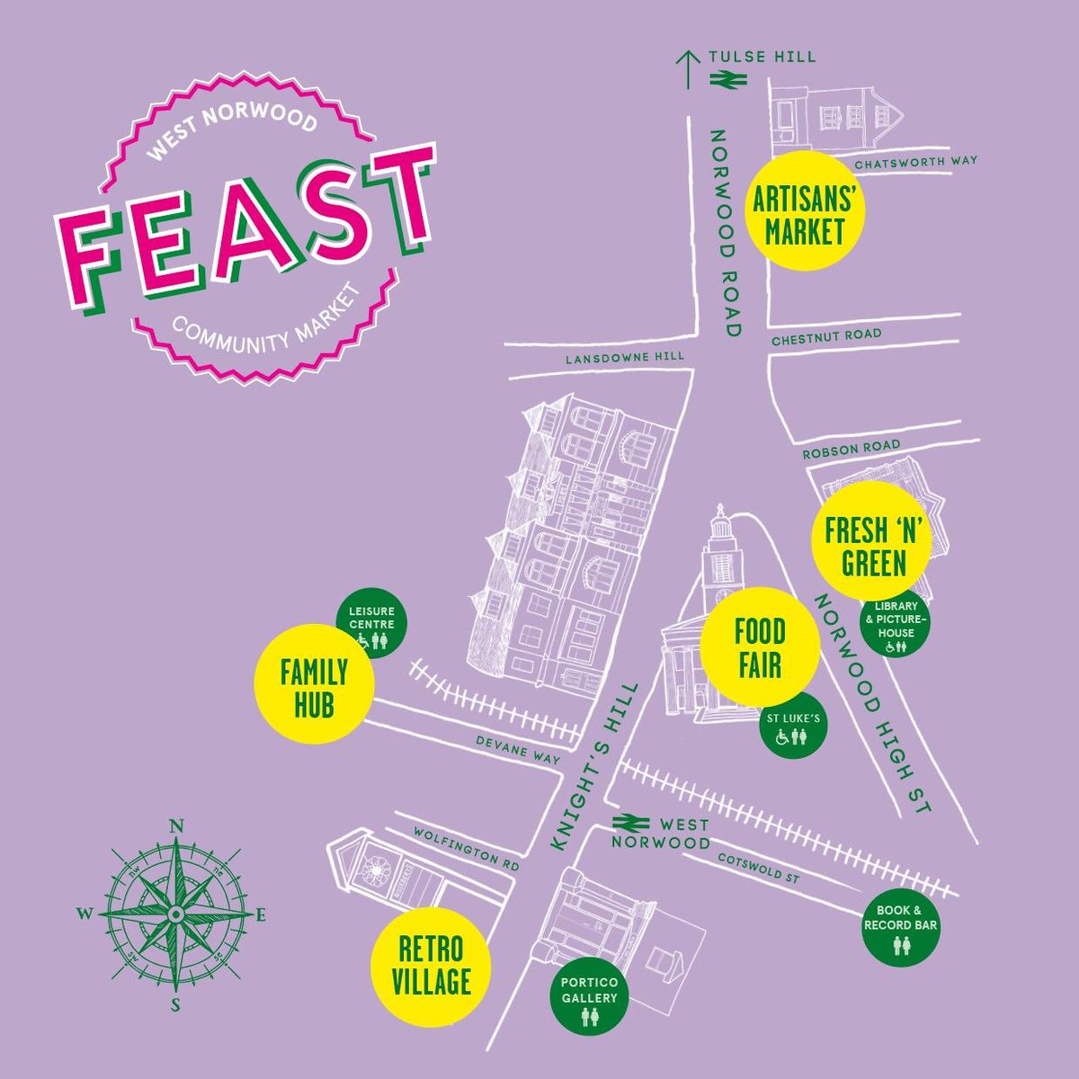 WN_FEAST's tweet photo. Quick #JuneFeast map update: Fresh’N’Green is in its new home outside the library. Retro Village is back at Roseberys. Looking for @DrumandKernel popcorn? They’ll be at Artisans. #westnorwood https://t.co/fgfUxXhIdt