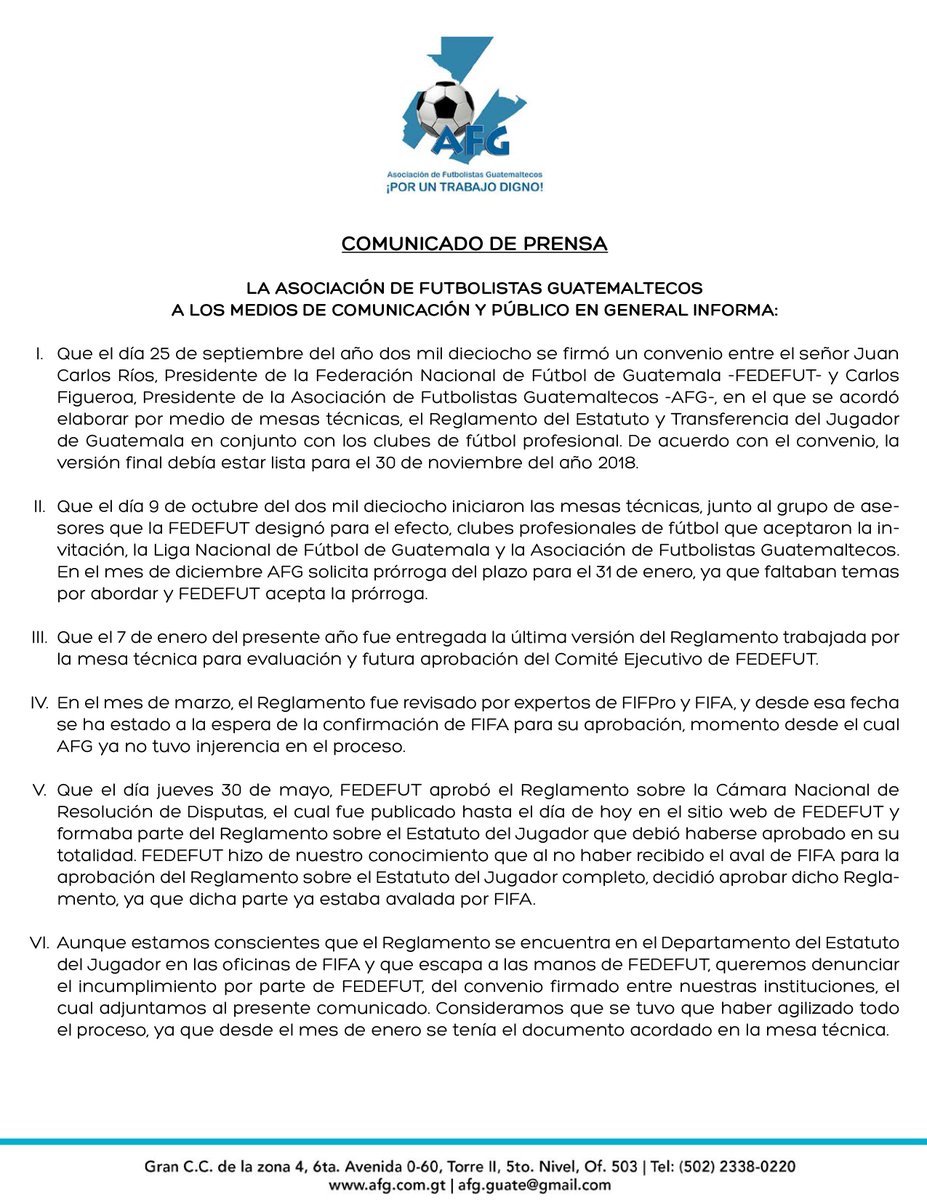 AFGuatemala1's tweet photo. COMUNICADO DE PRENSA / TEMA: Estatuto del Jugador. https://t.co/EQQuSZQJvh https://t.co/dJsLzlVt6E