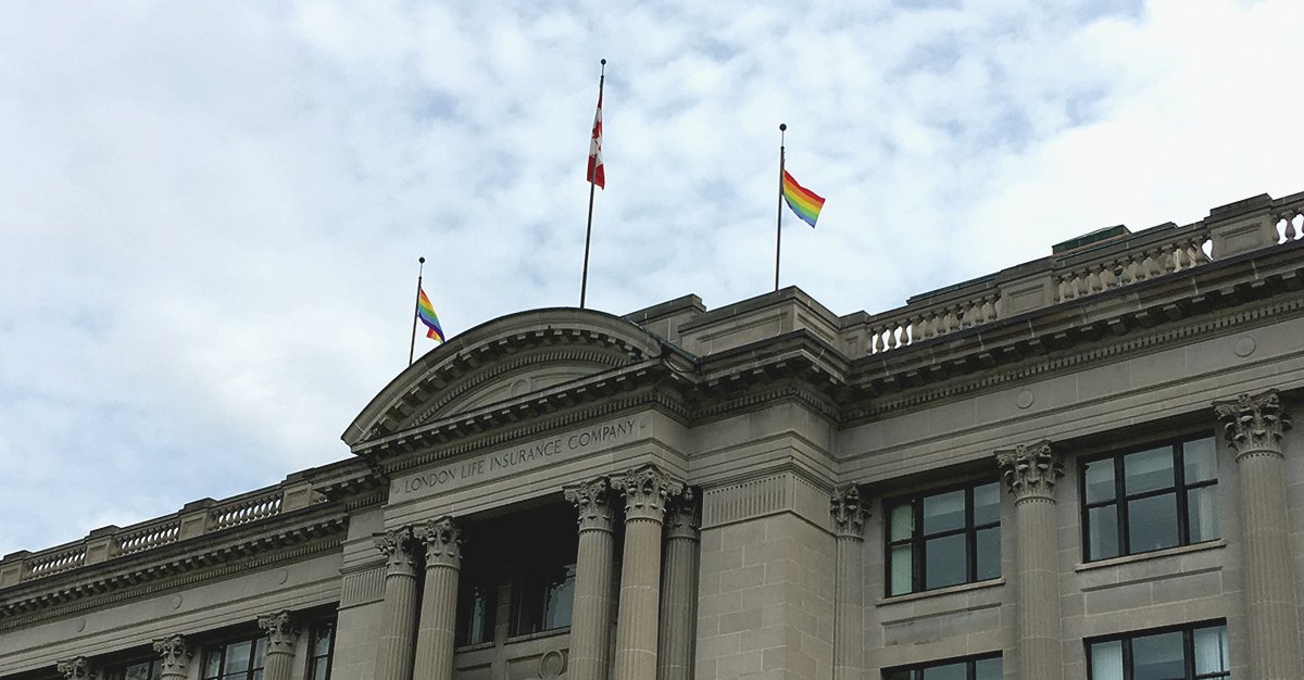 canadalifeco's tweet photo. Happy #PrideMonth! If you pass one of our head office locations across the country, you’ll spot pride flags in support of the LGBTQ+ community. #Pride2019 https://t.co/6y3U8gvODW