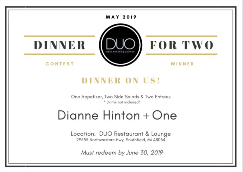 duo2dine's tweet photo. Tag us in your selfie for a chance to WIN Dinner on US!!!
Congratulations to Dianne, our May 2019 Winner!!
Are you our June 2019 Winner?? Tag us in your selfie to find out!
#winner #perfectduo #duo2dine #dinner4two https://t.co/mLDa9D4S3h
