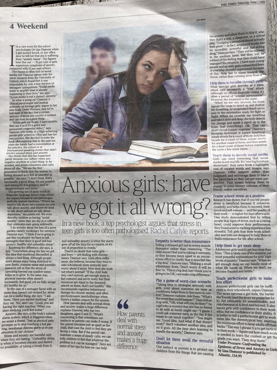 Fantastic article in today’s @timesweekend page 4 about how to deal with stress in teen girls, great read for students, teachers, tutors, matrons and parents alike: strongly recommending @lisadamour’s book “under pressure”