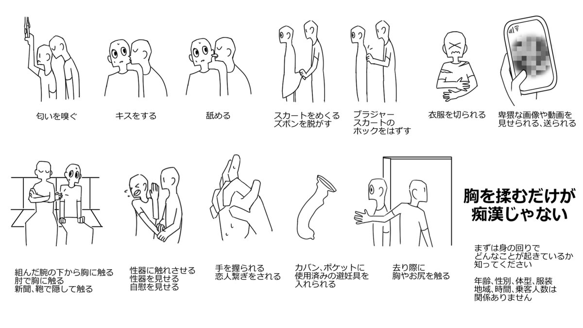 みなさんから寄せられた、電車内で起きる痴漢や迷惑行為を追加しました。
これだけではありませんが、数が多いものを選んでピックアップしています。
より知っていただくために、どうぞ拡散してください。
あと満員電車で偶然触れてしまうのと、意思を持って触るのでは違いがあることも知ってほしい。 