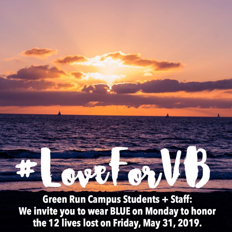 GRHS_Stallions's tweet photo. The Stallion Family wants to provide light in this time of darkness for our community. We love our city. Green Run staff and students, we invite you to join us on Monday as we wear blue to honor the lives that were lost. #VirginiaBeachStrong #loveforVB #StallionStrong https://t.co/y2MIrH7qlB