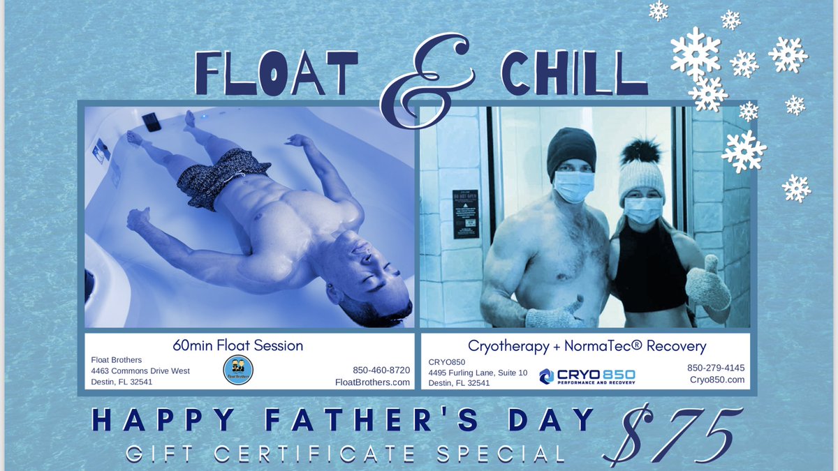 FLOATBROTHERS's tweet photo. We are very excited to be teaming up with our new friends at Cryo850 Performance &amp; Recovery in Destin to run a “Float &amp; Chill" Father’s Day gift package! https://t.co/RmRbzphtAu