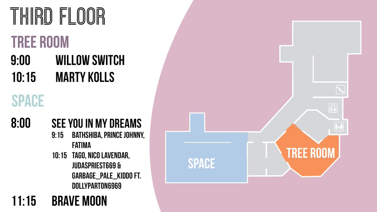 SET TIMES &amp; WAY FINDING

A friendly reminder that we are a safe, inclusive, and accessible space. Bullying and unkindness are not tolerated and if you feel like something isn't right, find a Staff badge and let us know!