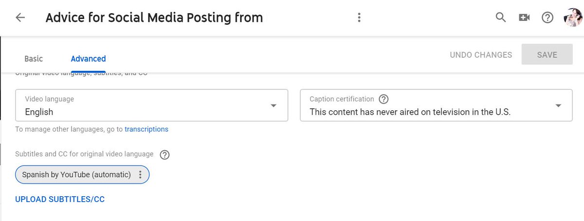 Screenshot from Youtube. Shows a heading that says: Subtitles and cc for original video language. Under that is a button that says: Spanish by YouTube (automatic). There are three dots next to automatic.