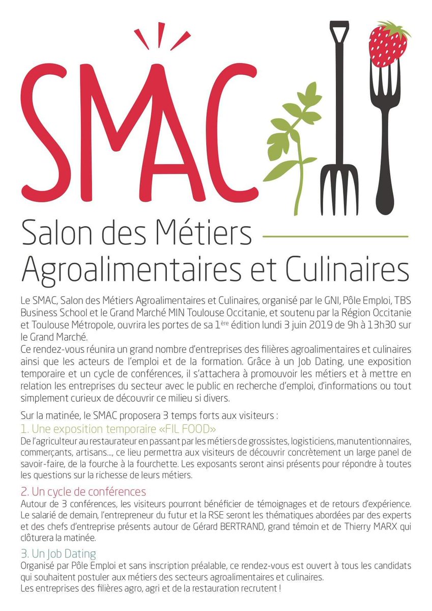 Jus-2 ! Lundi c'est le #SMAC au @MinToulouse avec #thierrymarx
🍊 Des Conférences : RSE, le Salarié de Demain, l'Entreprise du Futur
🍊Le Bar à Job : +de 300 entretiens
🍊L'Exposition Fil Food : de la Fourche à la Fourchette
Et quelque Animations Vitaminées
Bravo <a href="/MagueloneP31/">Maguelone Pontier</a>