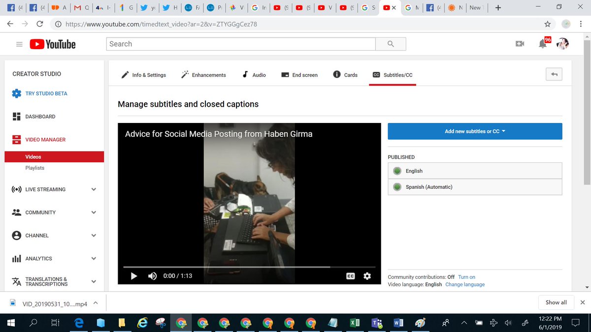 Screenshot from YouTube showing two buttons on the right of the screen under the word published. One button says English.  The other button says Spanish (Automatic)