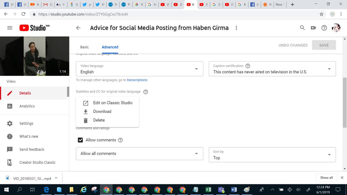 Screenshot of Youtube video showing what happens when you click on the three vertical dots next to the button that says: Spanish by YouTube: Automatic