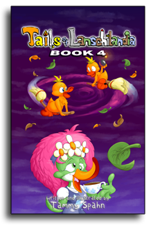 Tails of Lanschilandia - Book 4 cover, showing two Lanschis on brooms and Phoebe drinking tea.