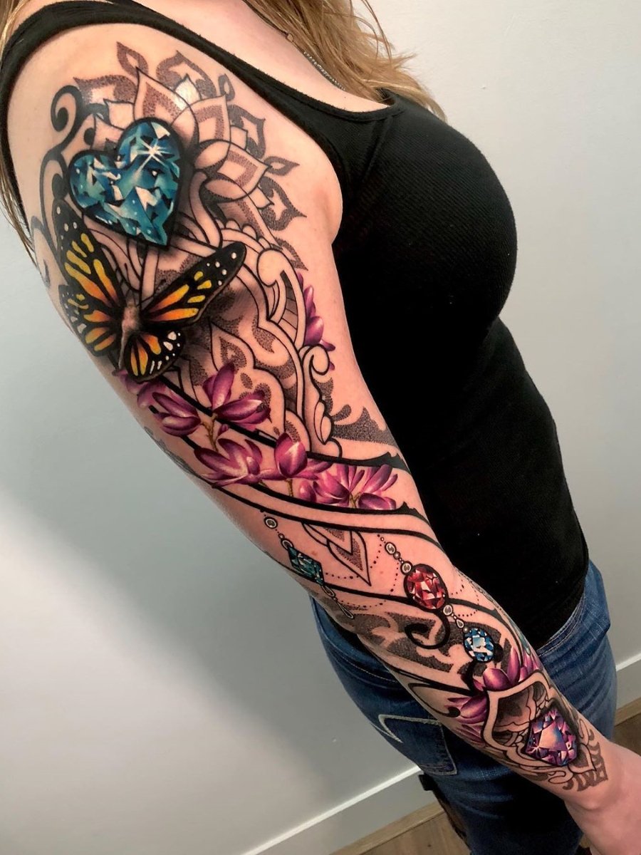 Heart diamond butterfly half sleeve tattoo
