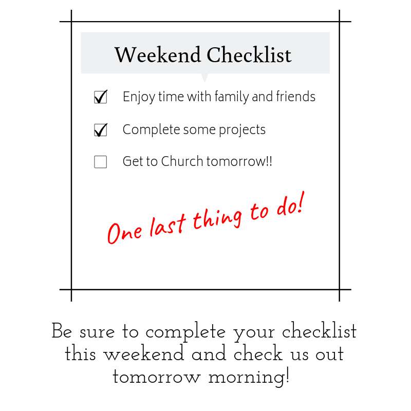 TWSChurch's tweet photo. CHURCH TOMORROW!
Don't forget to complete your weekend checklist! You just have one last thing left to do, and we're excited about it!
See you tomorrow morning!
#ThisIsYourInvitation #TWSCC #BringAFriend #TogetherWeStand #ChurchTomorrow #SundayService https://t.co/TtutALd6zp