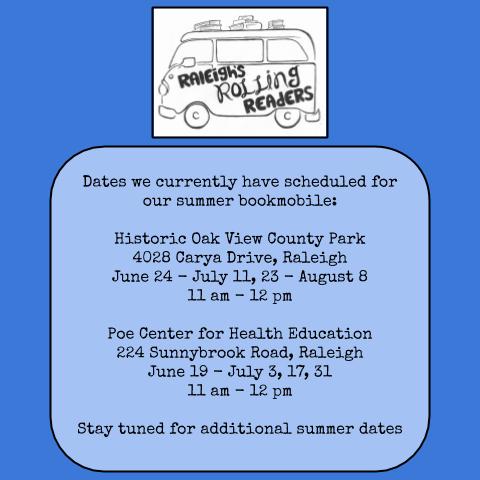 Here are the dates we currently have scheduled for the bookmobile in Southeast Raleigh! Please check back on our website raleighsrollingreaders.org for additional summer dates coming soon! <a href="/Literacy4Wake/">WAKE Up and Read</a> <a href="/WCPSS/">Wake County Public School System</a> <a href="/nckhui/">Keung Hui</a> @ChrisTuttell <a href="/clarkeskinders/">Kelsey Clarke</a> <a href="/PoeCenter/">PoeCenter</a> <a href="/raleighparks/">Raleigh Parks</a>
