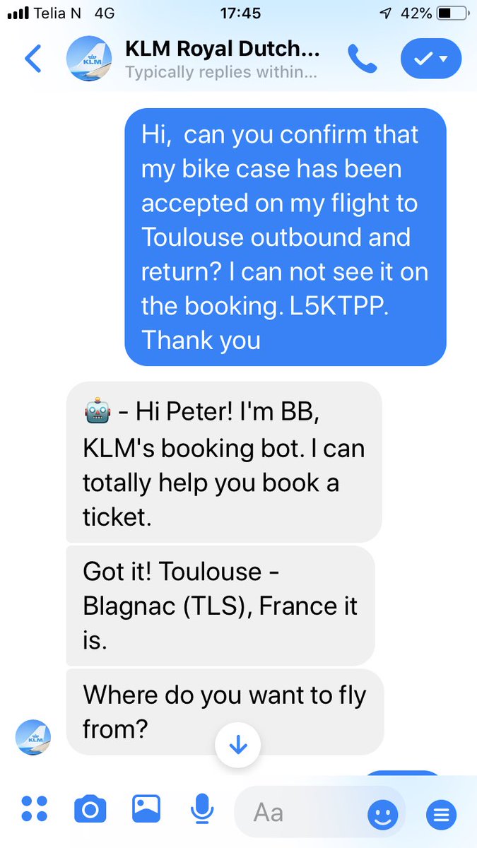 peterlacken's tweet photo. @KLM have replaced their personal chat with bots! #fail https://t.co/TklQjsn0oM