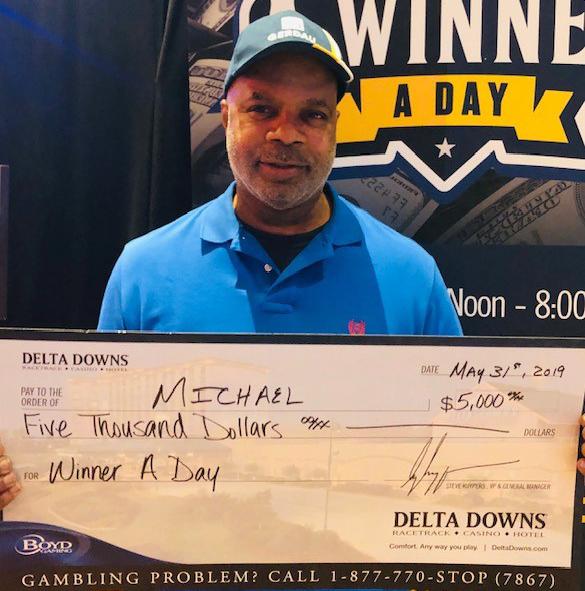 DeltaDowns's tweet photo. Michael closed out May on a high note last night. He won the 2nd chance drawing for $5,000 CASH in our Winner A Day finale. Congratulations, Michael! #WinnerADay #DeltaDowns https://t.co/Q2wXqDtPNu