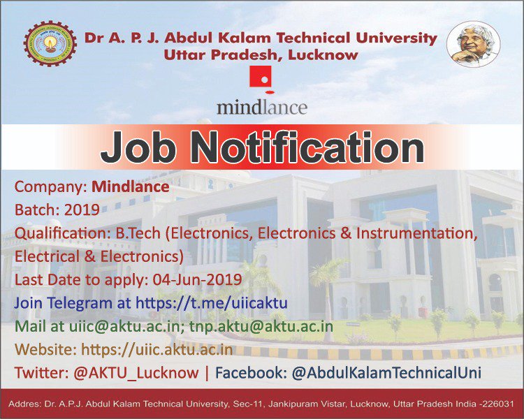 AKTU_Lucknow's tweet photo. Job opportunity for our 2019 Batch Btech students. Details are attached here. Last date is June 04, 2019. Please do apply. #Aktu #Uiic #Jobs #Lucknow #mindlance
Registration Link : https://t.co/H5ogN0yPbB
https://t.co/KFtRvD63kC https://t.co/gz4M4waUlx