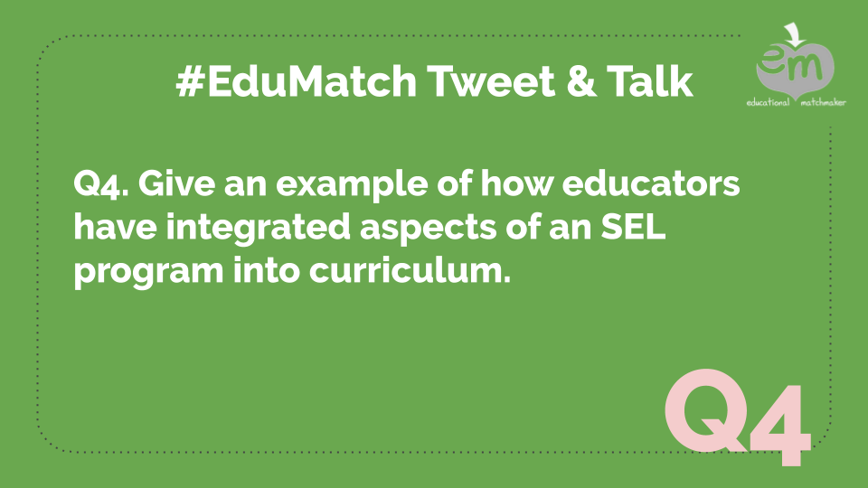 edu_match's tweet photo. Q4. Give an example of how educators have integrated aspects of an SEL program into curriculum.
 #EduMatch #curriculum #integration https://t.co/3uM8gEZCFe