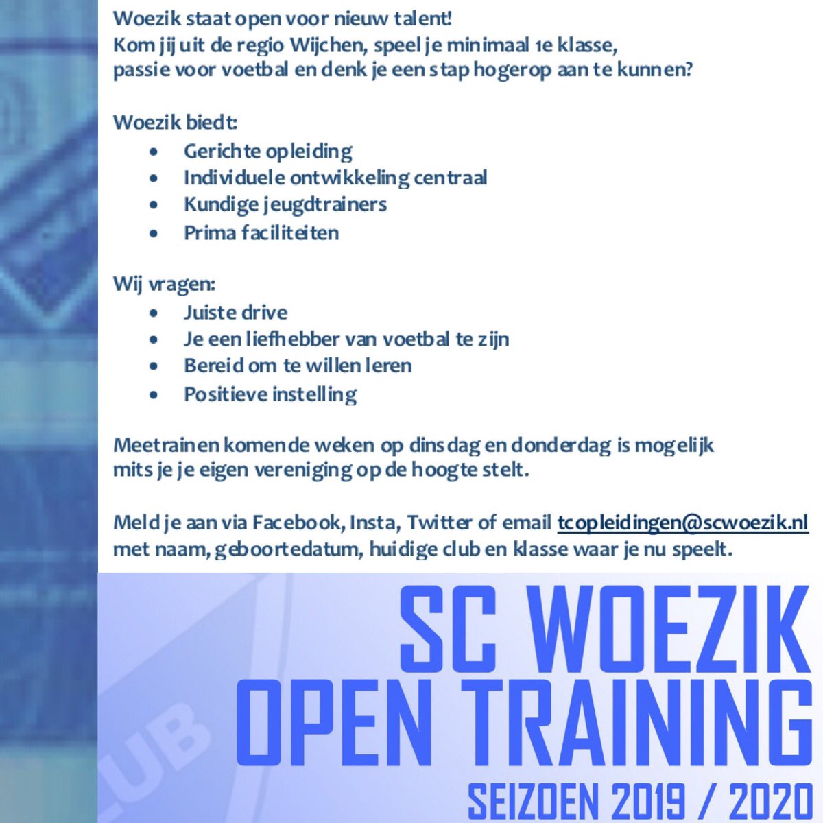 ▶️ <a href="/SCWoezik/">SC Woezik</a> staat open voor nieuw jeugdtalent! ⚽️🔵⚪️ 💪🏼👇🏼
#talent #woezik #opleiden