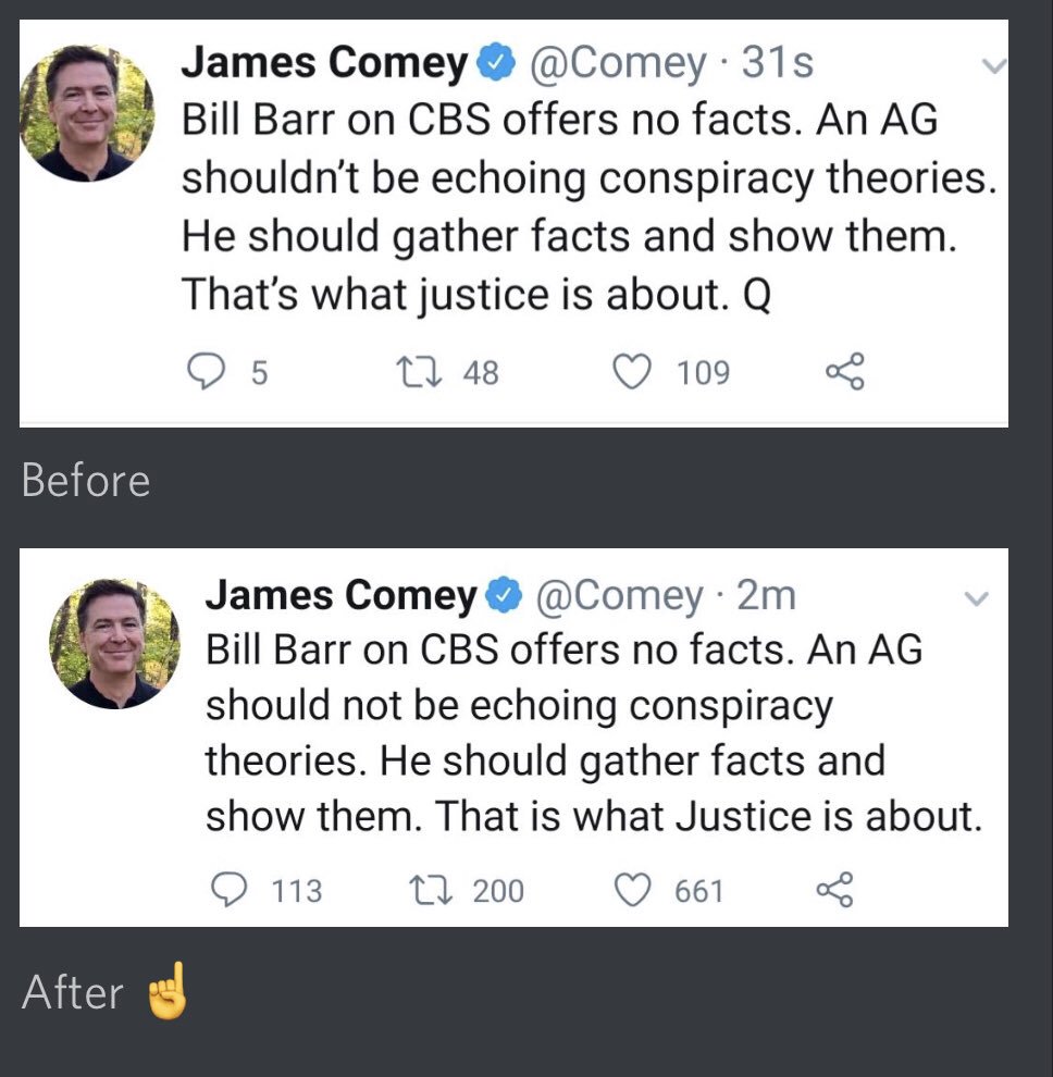 intheMatrixxx's tweet photo. . @Comey had a tweet that had a “Q” at the end of it. Deleted and retweeted without the “Q”. 

Q renting space in Comey’s mind?
@POTUS https://t.co/2hlYpCWkuA