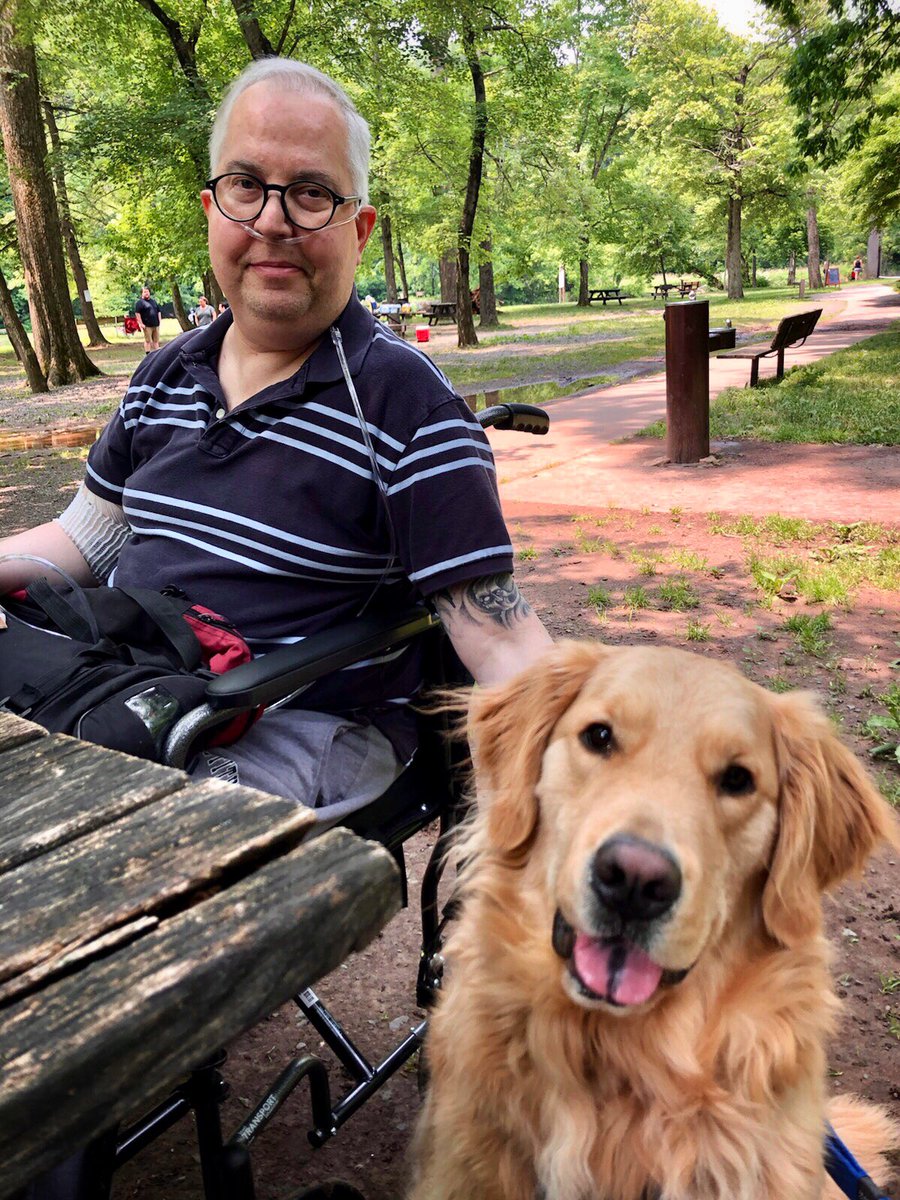Lorie captured a great shot of my first trip outside in days due to weather and health issues this afternoon. Got a portable oxygen tank, which helped. Humphrey was just happy to be out of the house today but didn’t enjoy his first trip alongside my wheelchair.